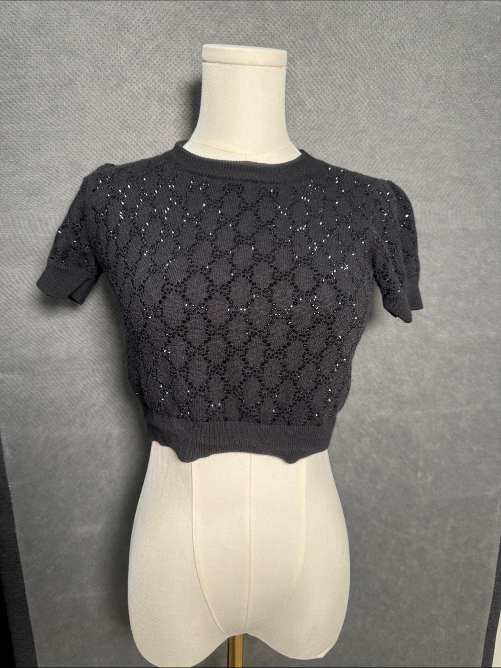 Gucci Black Openwork Knit Short-Sleeve Crop Top